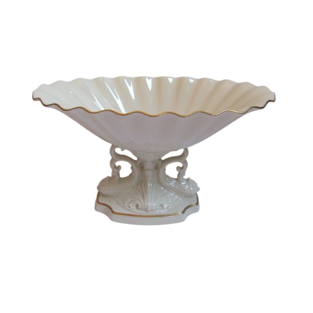 Lenox Ivory China Dolphin Pedestal Centerpiece Bowl Gold Trim Scalloped Fluted